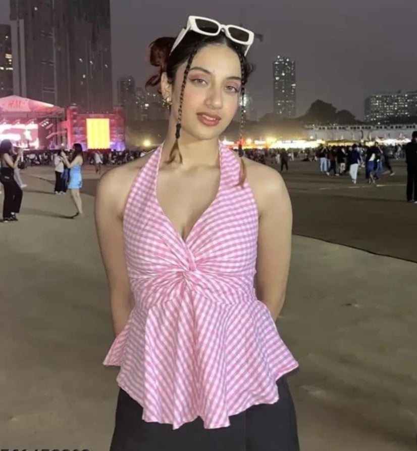 Pink Gingham Halter Knot Peplum Top