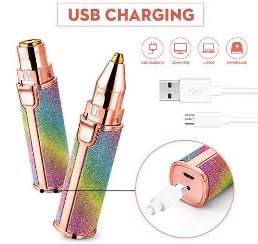 2-in-1 Rechargeable Eyebrow & Facial Hair Remover for Women | USB Portable Painless Trimmer | Flawless Precision Shaver (Rose Gold Rainbow)