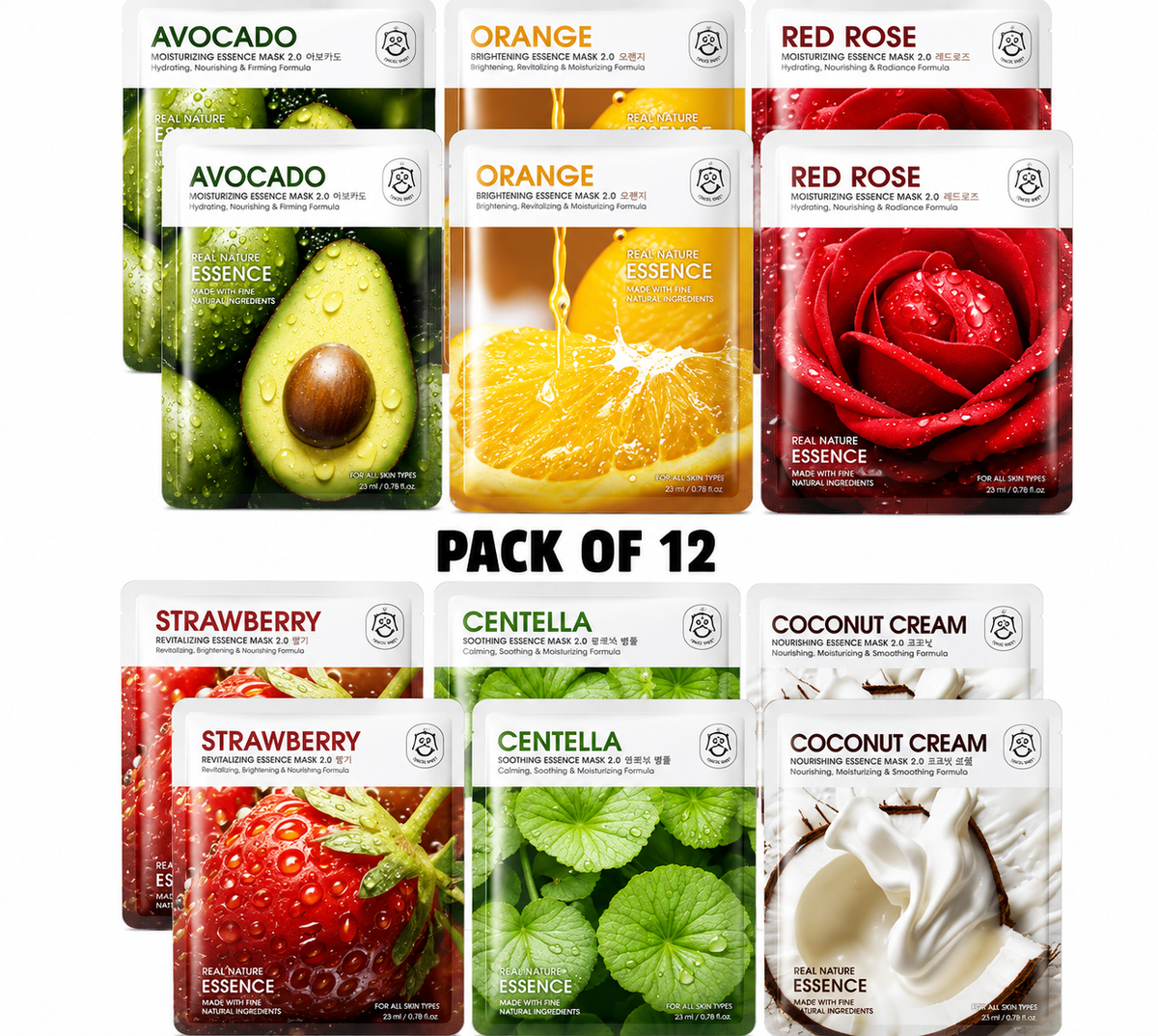 Pack of 12 Natural Essence Sheet Face Mask Set ā Hydrating, Brightening & Nourishing Korean Style Facial Masks
