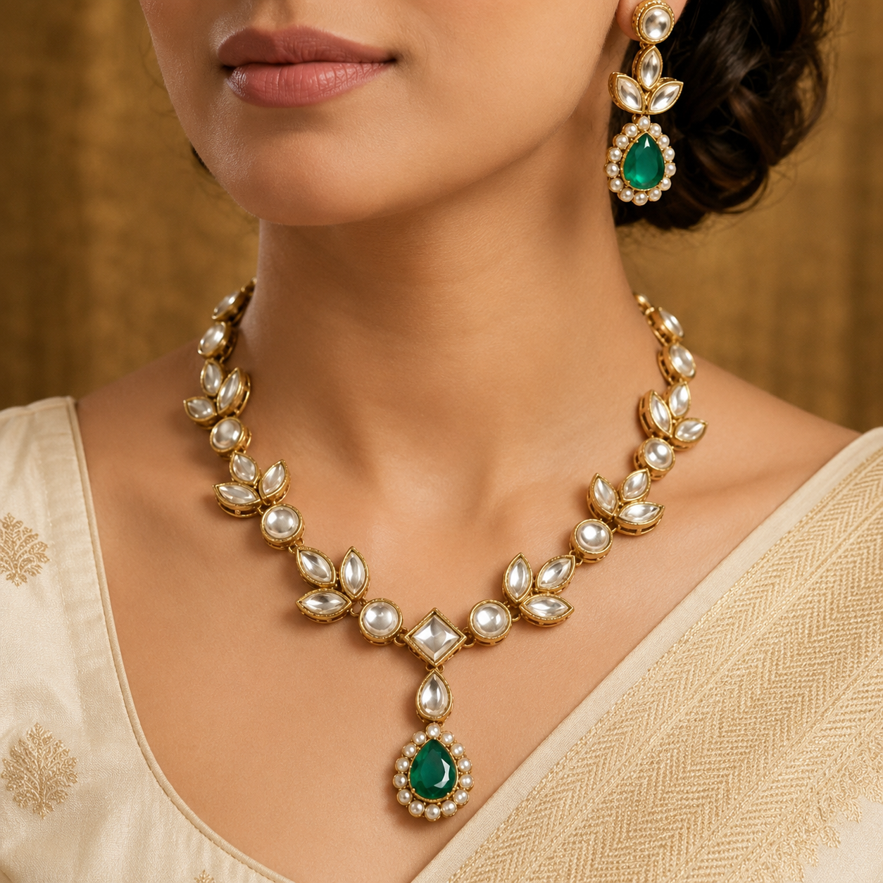 Luxury Emerald Kundan Pearl Necklace Set with Earrings for Women | Wedding & Party Jewellery | TinTin Shine Market