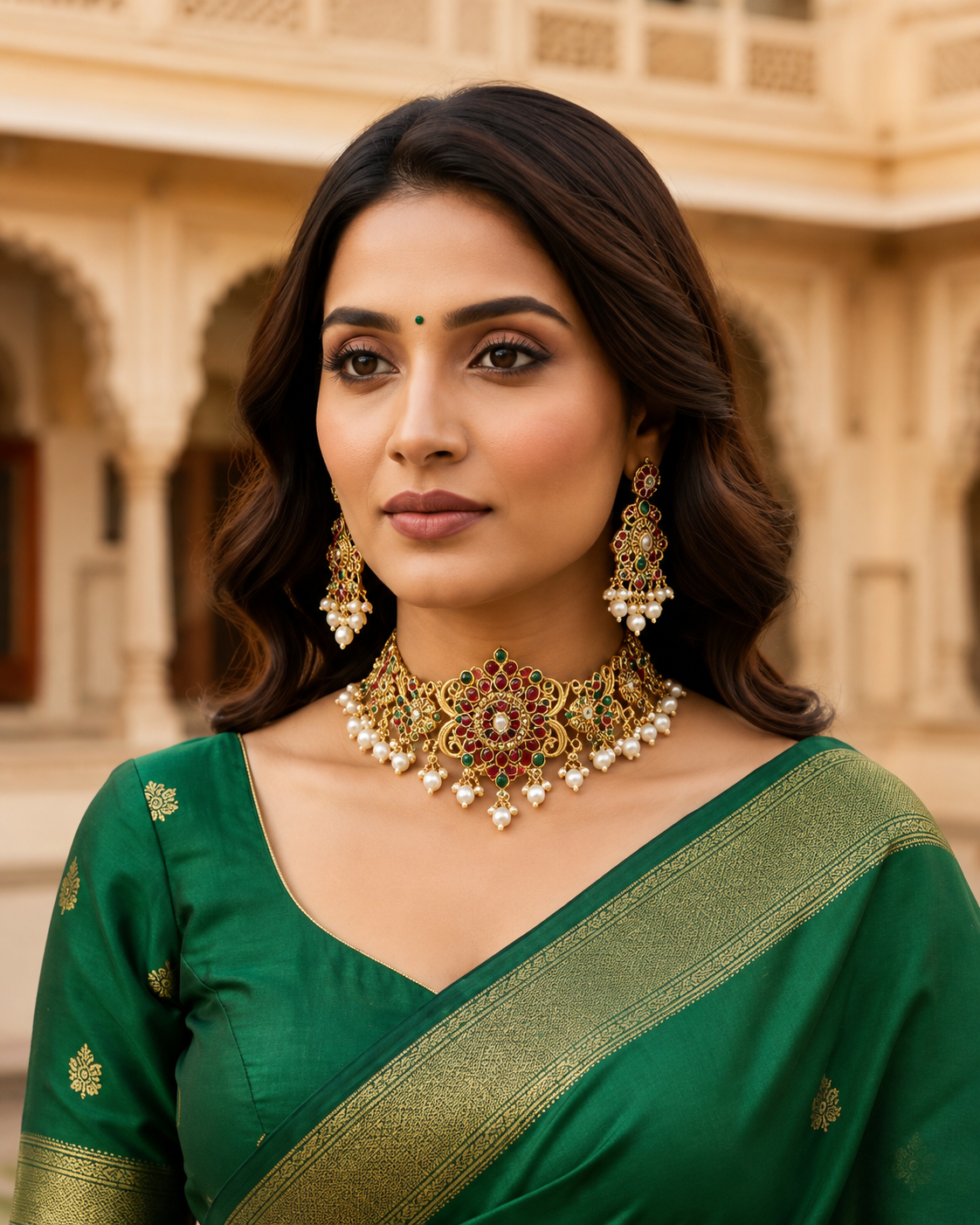 Royal Traditional Gold-Plated Choker Necklace Set with Pearl Earrings for Women