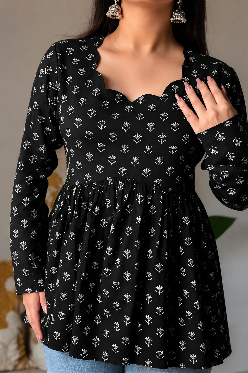 Women's Black Floral Printed Scallop Neck Peplum Kurti Top | Casual & Stylish Long Sleeve Tunic