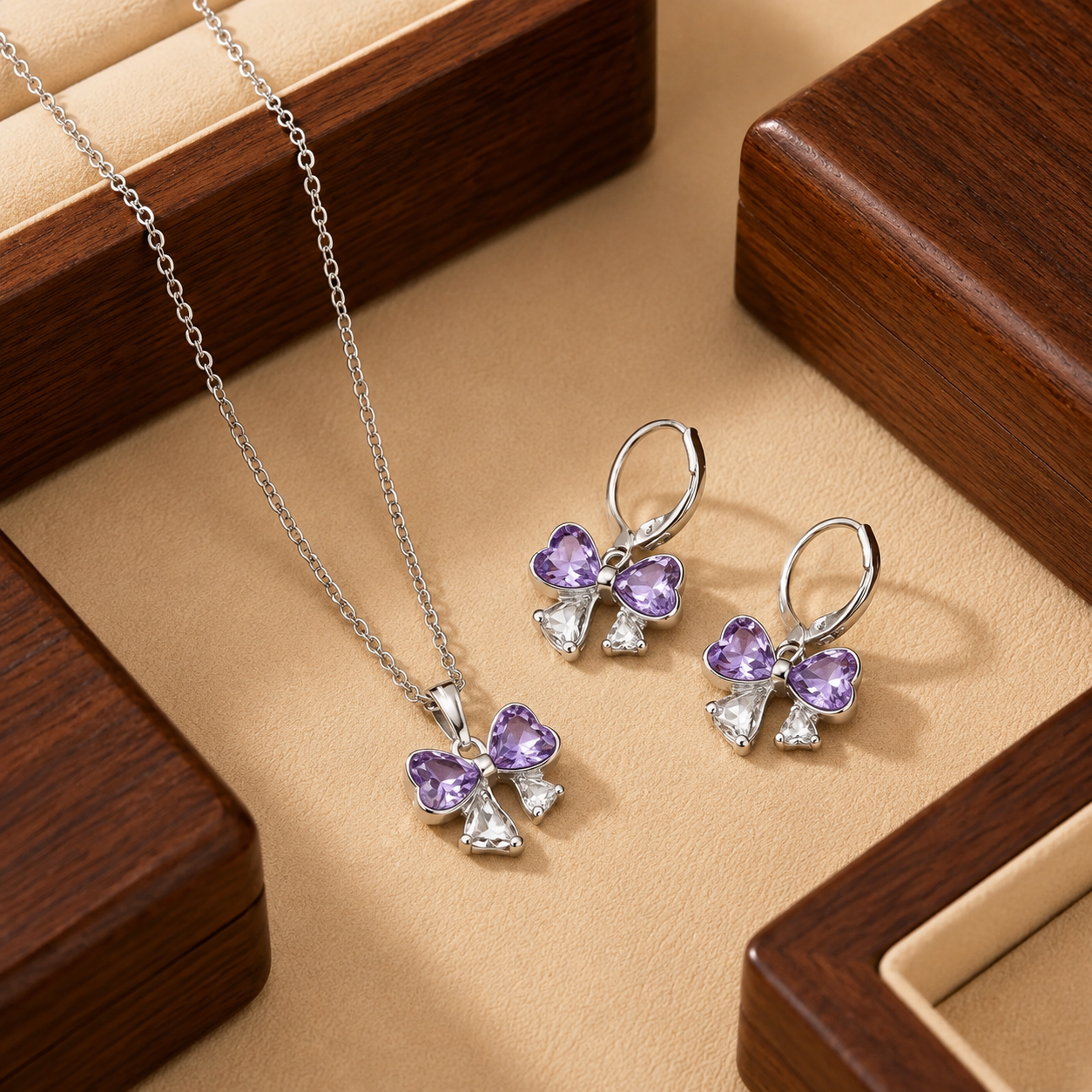 Elegant Purple Crystal Bow Pendant Necklace & Earrings Set for Women | Premium Silver-Plated Jewelry | Party & Gift Collection