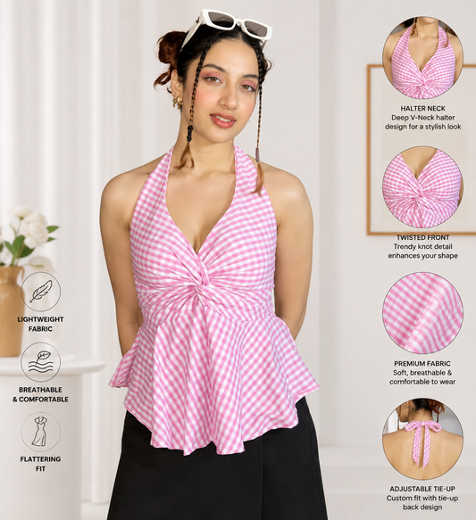 Pink Gingham Halter Knot Peplum Top