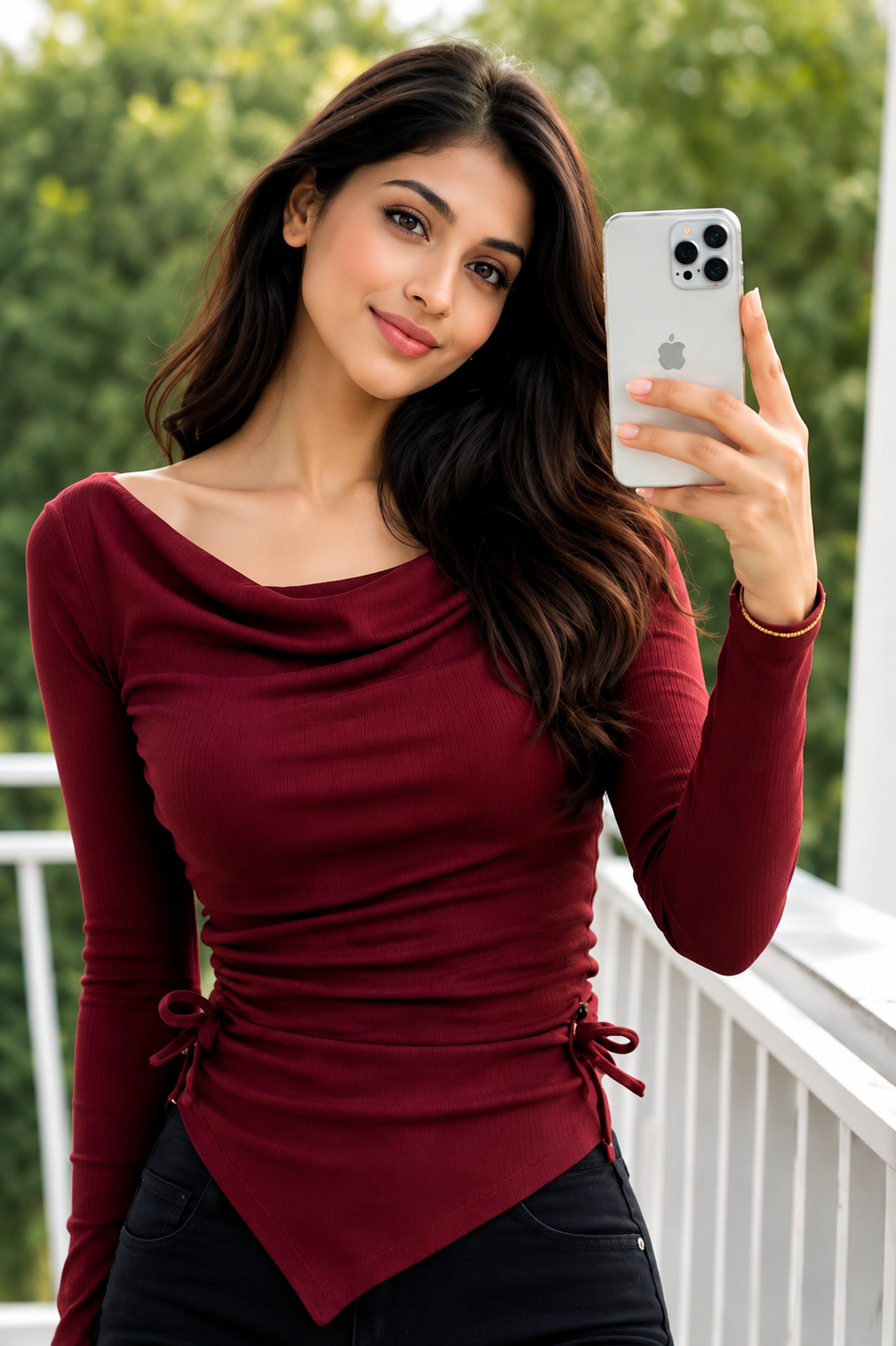 Women's Burgundy Ruched Full Sleeve Cowl Neck Slim Fit Top | Premium Casual & Party Wear