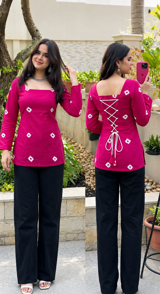 Women's Magenta Square Neck Lace-Up Back Kurti Top | Full Sleeve Casual Ethnic Wear
