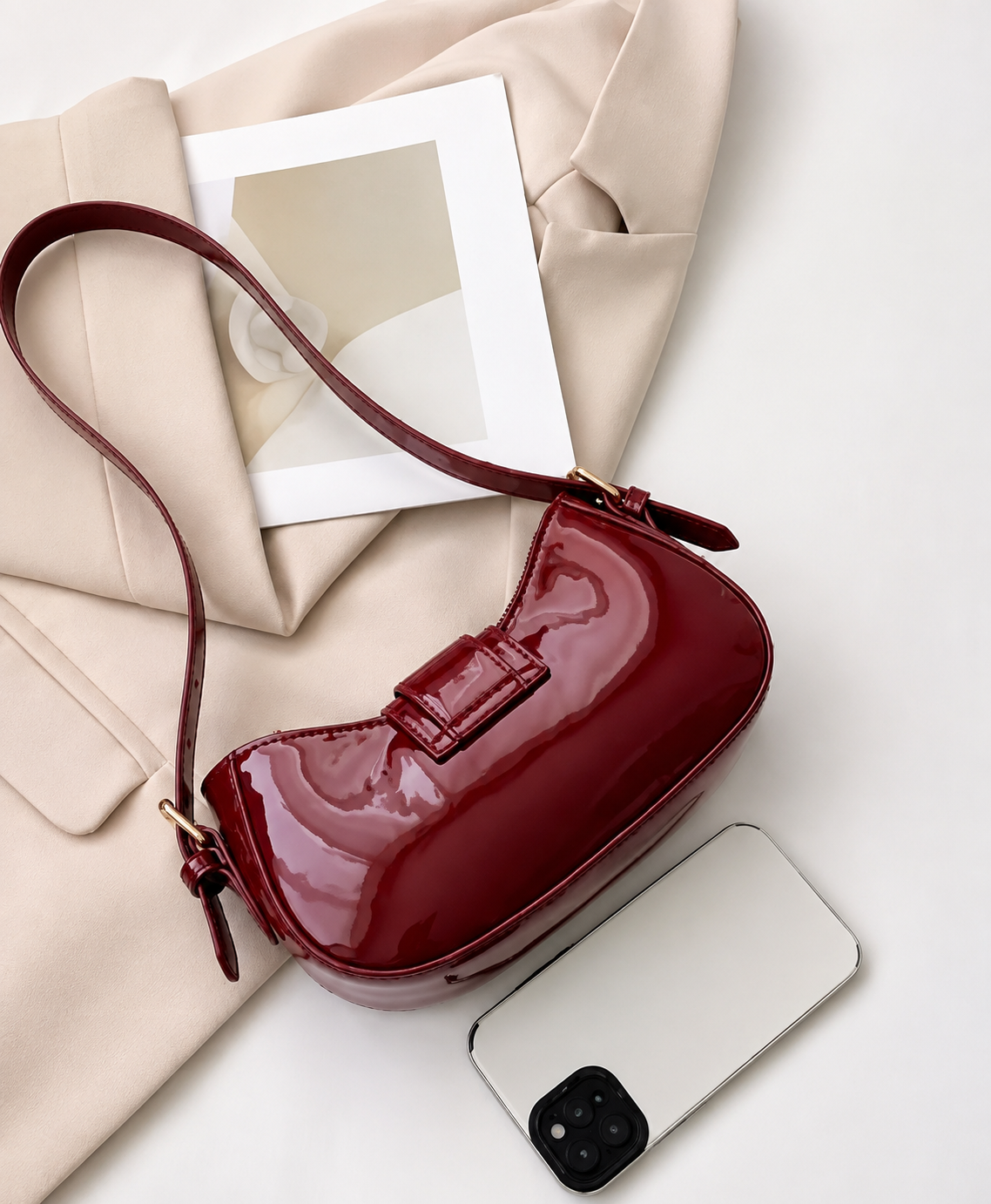 Women's Glossy Burgundy Patent Leather Shoulder Bag | Luxury Buckle Handbag for Party & Casual Use
