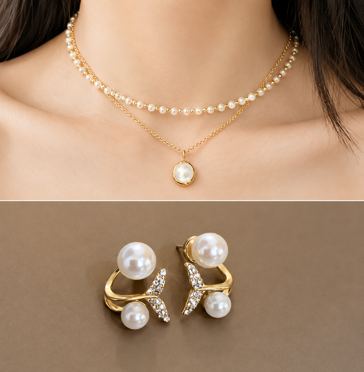 Luxury Pearl Jewelry Set for Women – Gold Plated Layered Pearl Necklace & Crystal Pearl Stud Earrings | Elegant Gift Set | Tintin Shine Market