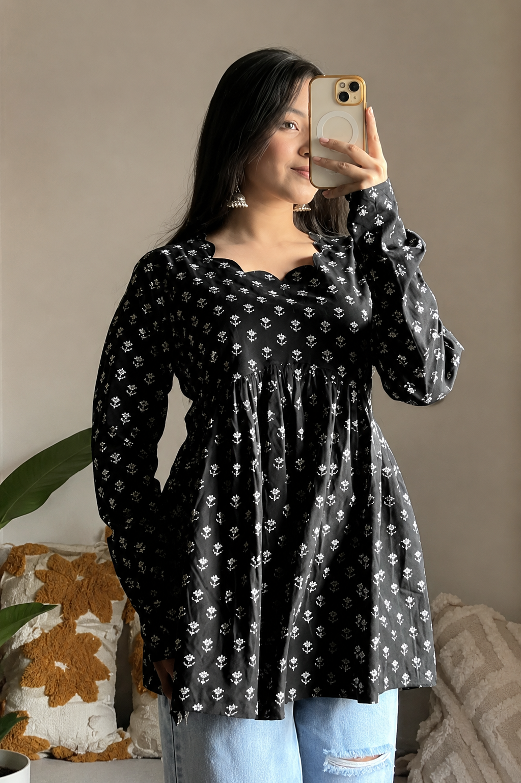 Women's Black Floral Printed Scallop Neck Peplum Kurti Top | Casual & Stylish Long Sleeve Tunic