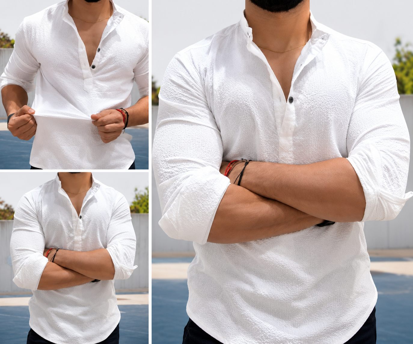 Men's Premium Textured Mandarin Collar Henley Shirt | White Casual Full Sleeve Shirt