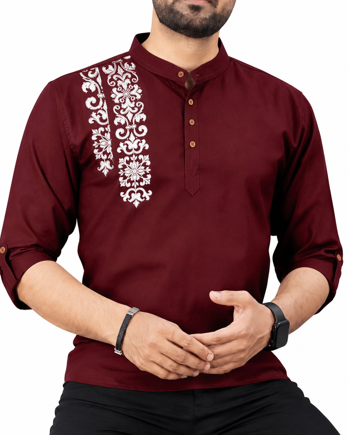 Men's Premium Embroidered Mandarin Collar Kurta – Maroon | Festive & Casual Wear