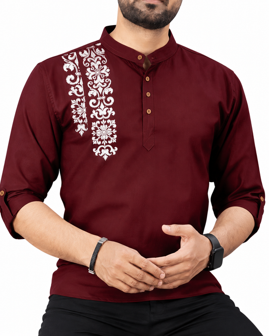 Men's Premium Embroidered Mandarin Collar Kurta – Maroon | Festive & Casual Wear