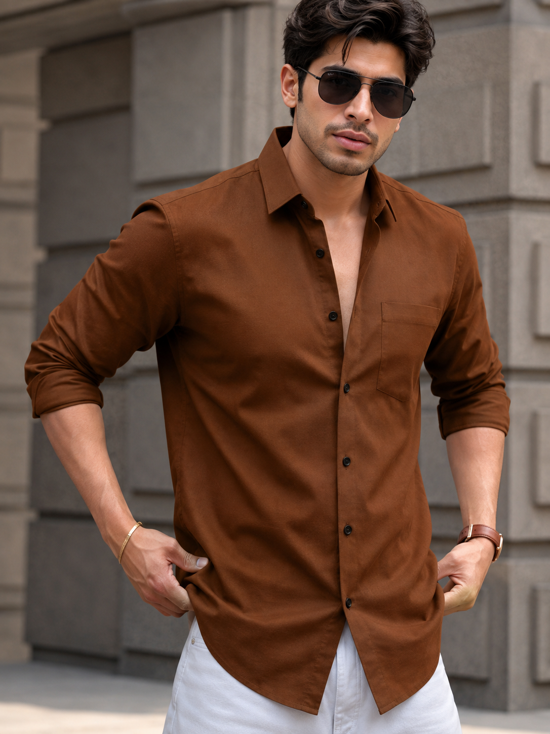 Premium Men's Solid Brown Casual Cotton Shirt | Full Sleeve Regular Fit Formal & Casual Wear