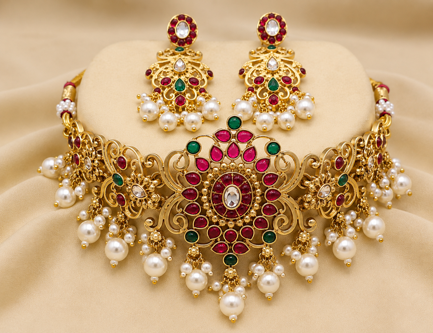Royal Traditional Gold-Plated Choker Necklace Set with Pearl Earrings for Women