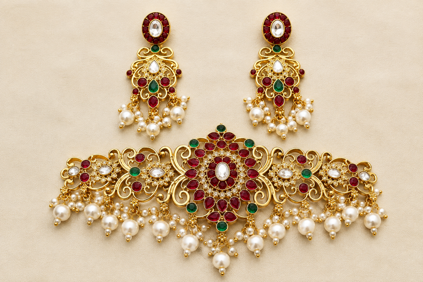 Royal Traditional Gold-Plated Choker Necklace Set with Pearl Earrings for Women