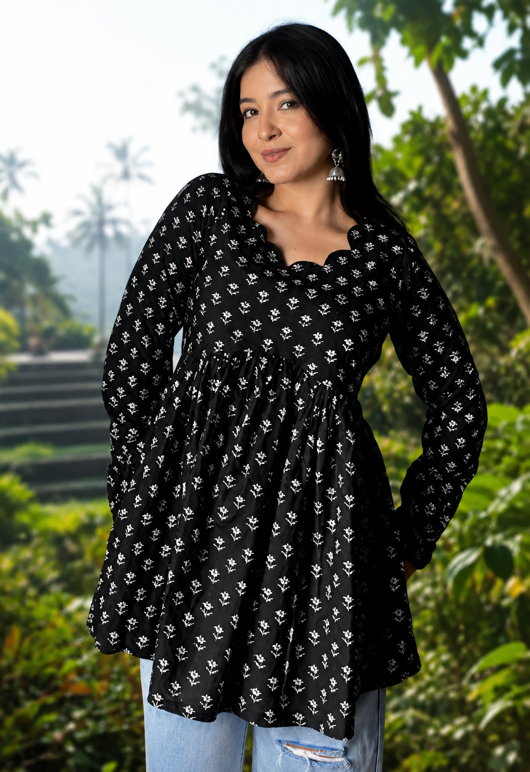 Women's Black Floral Printed Scallop Neck Peplum Kurti Top | Casual & Stylish Long Sleeve Tunic