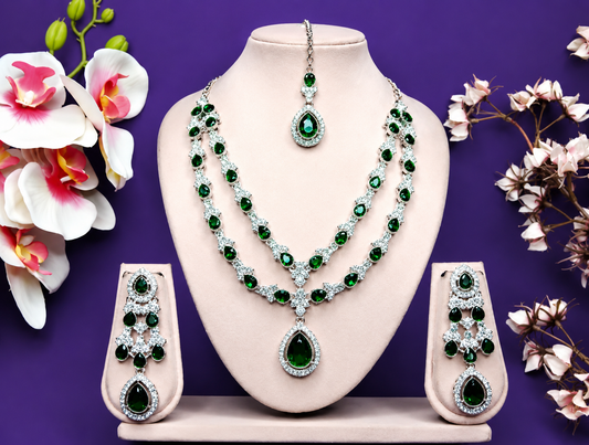 Luxury Emerald Green Crystal Bridal Necklace Set with Earrings & Maang Tikka |