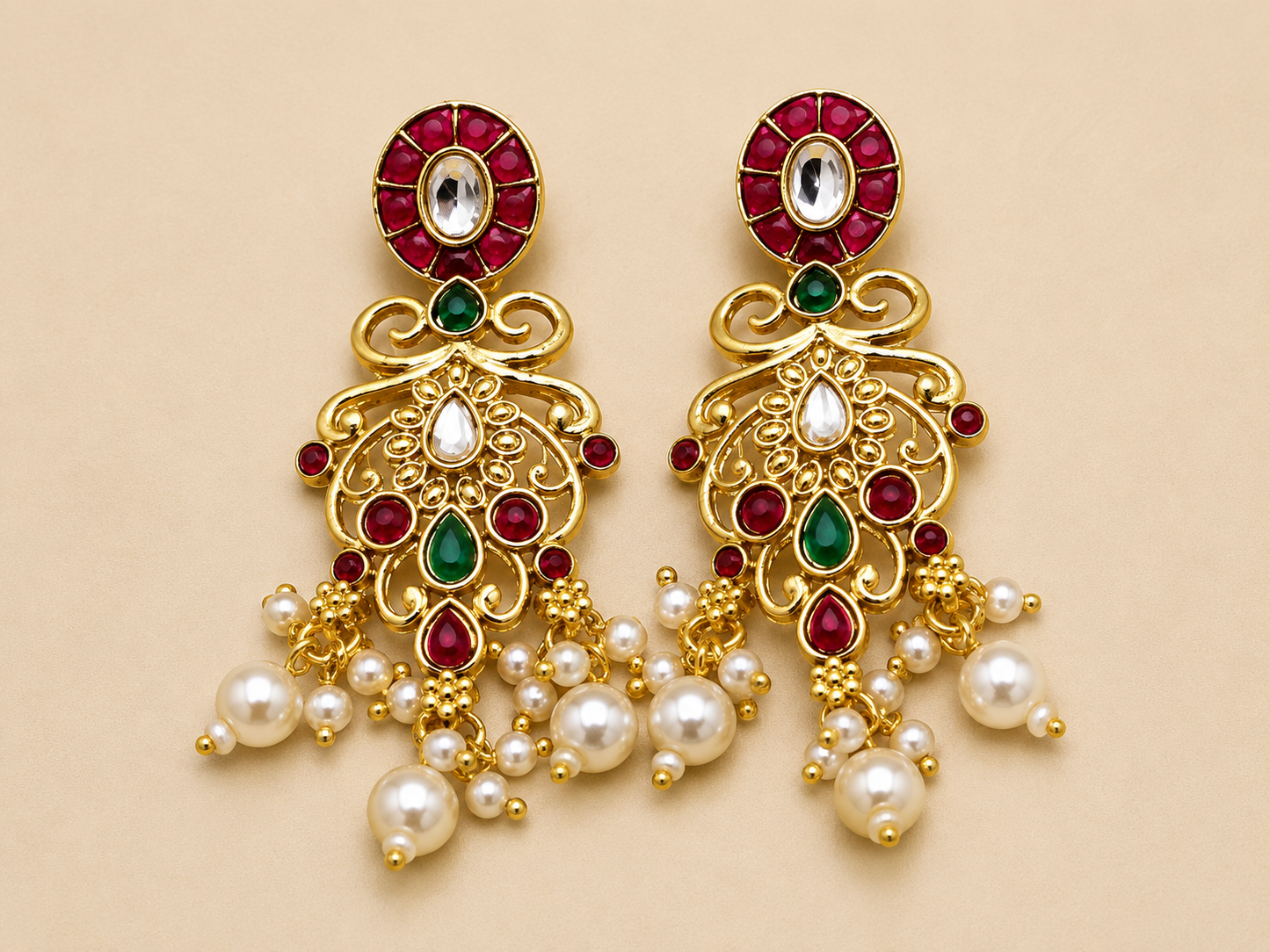 Royal Traditional Gold-Plated Choker Necklace Set with Pearl Earrings for Women