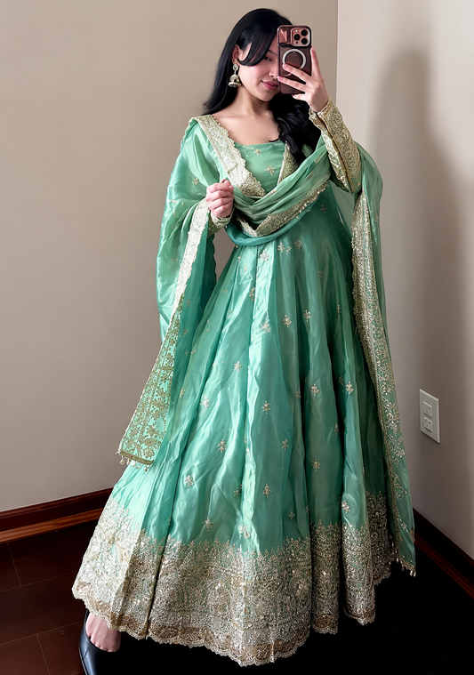 Women Mint Green Embroidered Anarkali Kurta Set with Dupatta | Festive & Party Wear