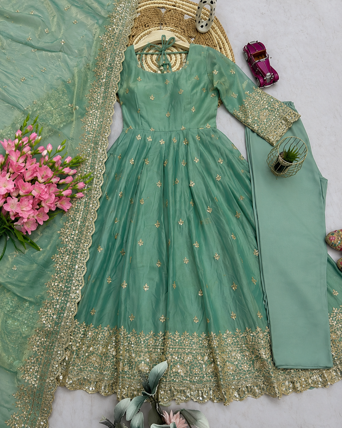 Women Mint Green Embroidered Anarkali Kurta Set with Dupatta | Festive & Party Wear