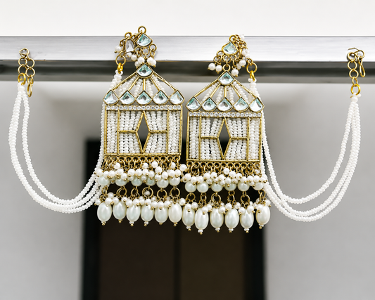 Royal Pearl Kundan Ear Cuff Earrings with Hair Chain for Women | Traditional Ethnic Statement Jewelry
