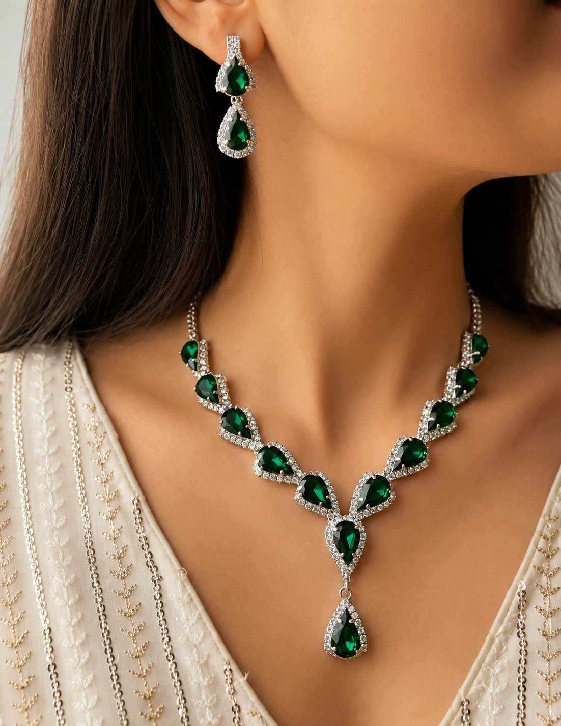 Luxury Emerald Green Crystal Necklace & Earrings Set | Premium Wedding & Party Jewellery for Women