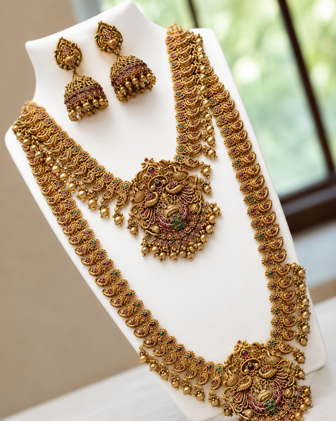 Antique Gold Plated Bridal Jewellery Set with Jhumka Earrings | Traditional Temple Necklace Set for Women