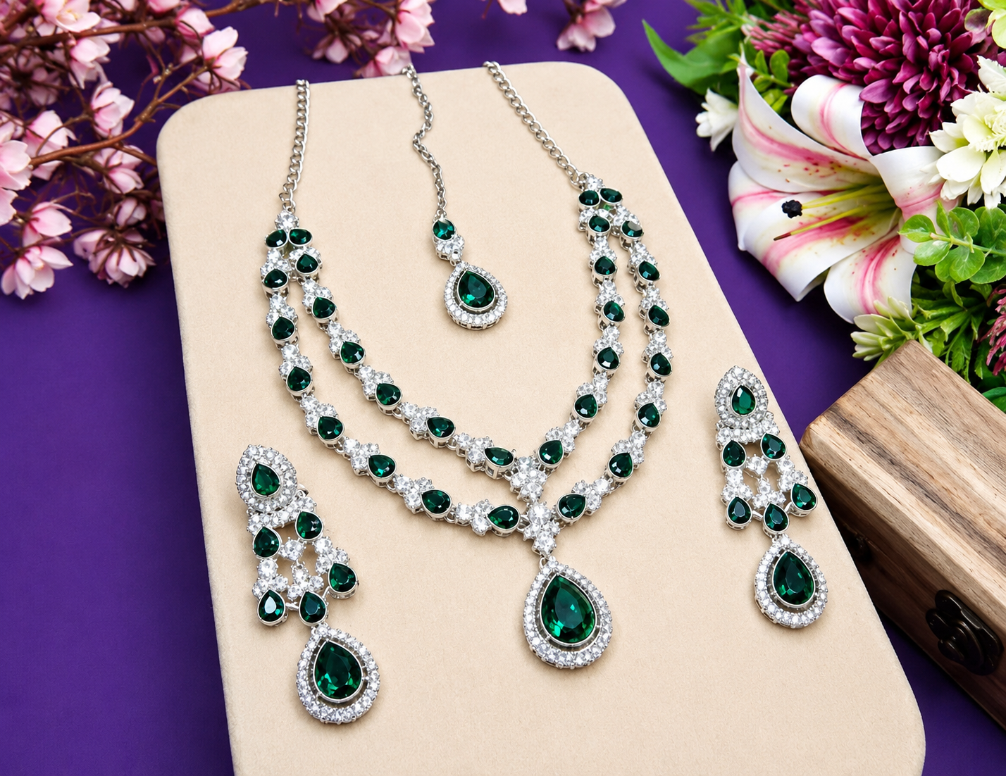 Luxury Emerald Green Crystal Bridal Necklace Set with Earrings & Maang Tikka |