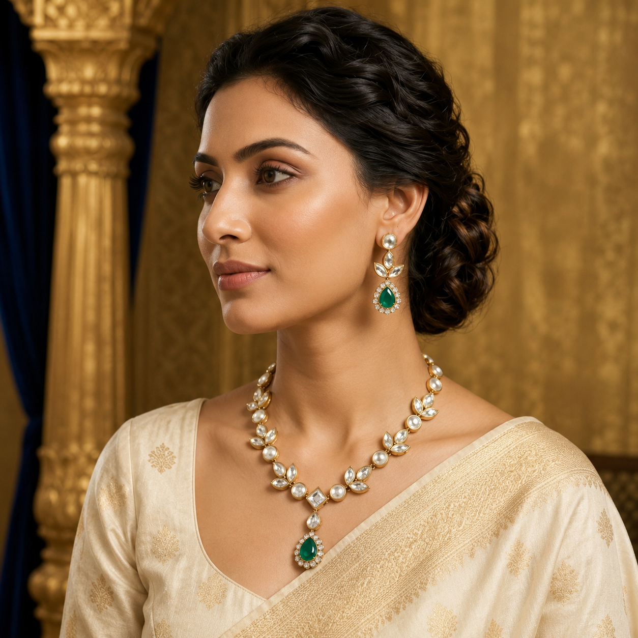 Luxury Emerald Kundan Pearl Necklace Set with Earrings for Women | Wedding & Party Jewellery | TinTin Shine Market