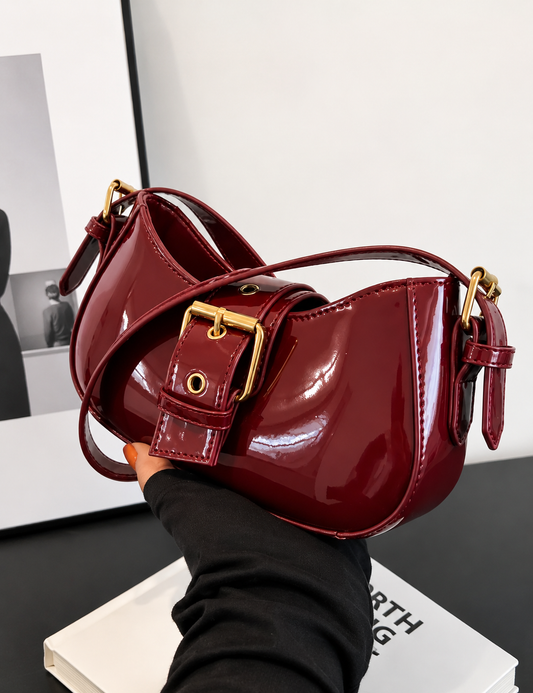 Women's Glossy Burgundy Patent Leather Shoulder Bag | Luxury Buckle Handbag for Party & Casual Use