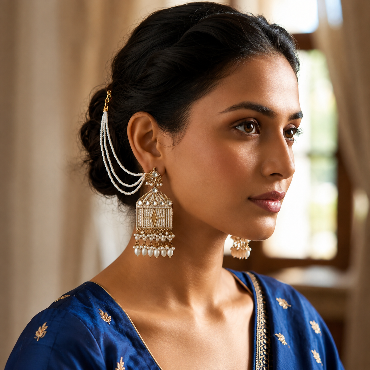 Royal Pearl Kundan Ear Cuff Earrings with Hair Chain for Women | Traditional Ethnic Statement Jewelry