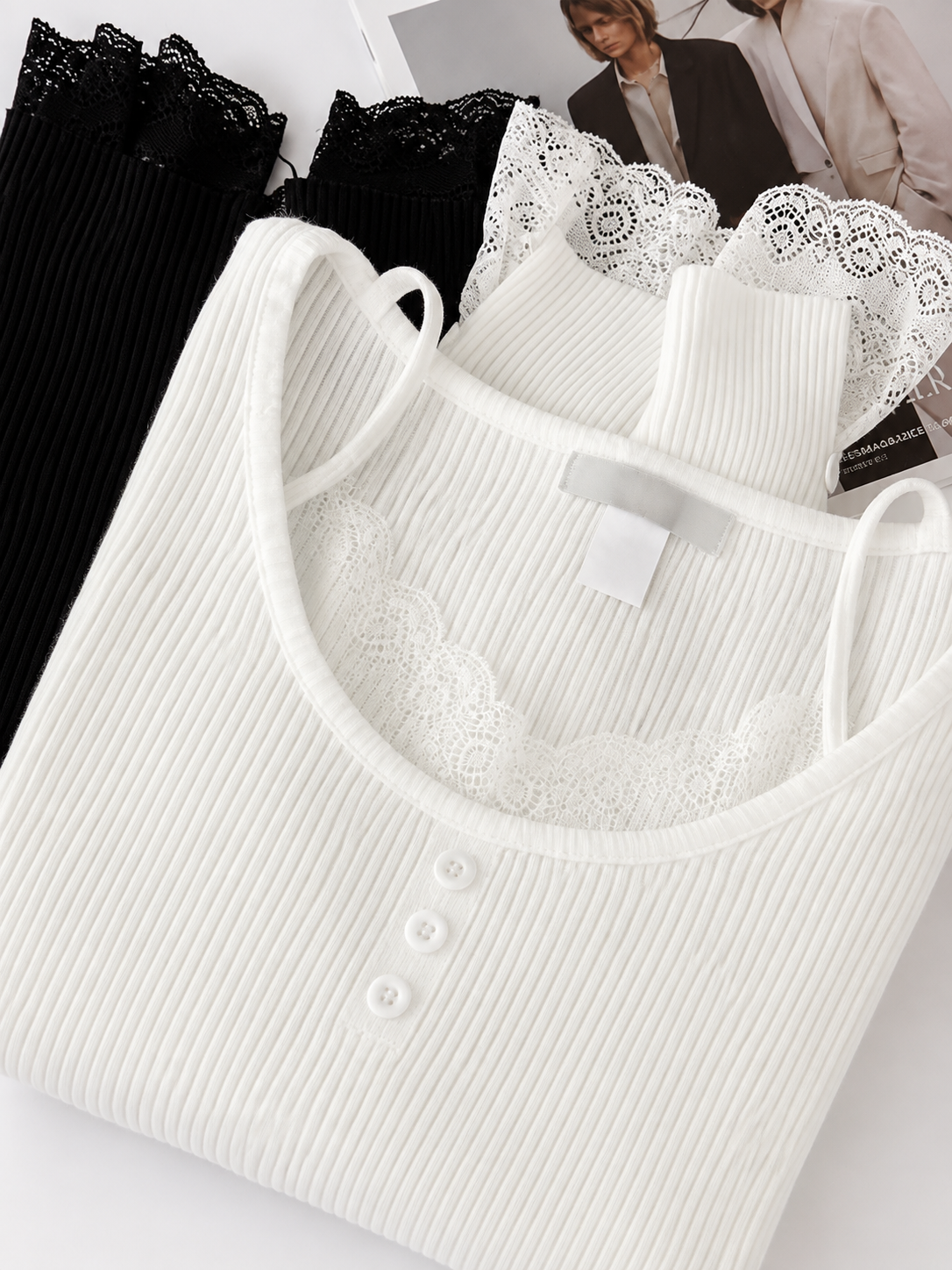 Women's Ribbed Lace Trim Knit Top | Elegant Long Sleeve Slim Fit Casual Top