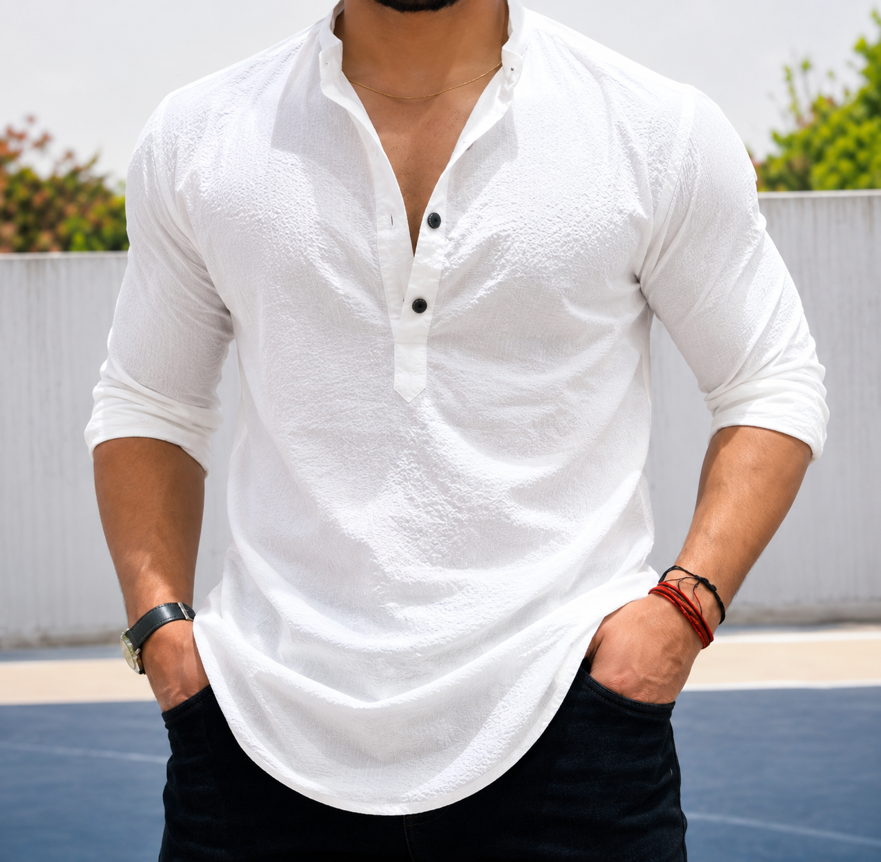 Men's Premium Textured Mandarin Collar Henley Shirt | White Casual Full Sleeve Shirt