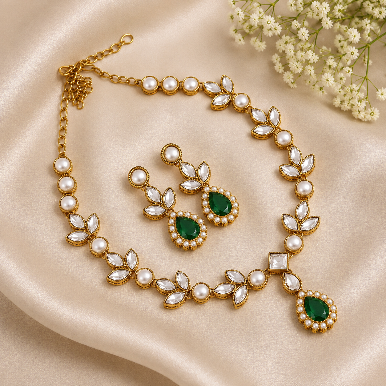 Luxury Emerald Kundan Pearl Necklace Set with Earrings for Women | Wedding & Party Jewellery | TinTin Shine Market