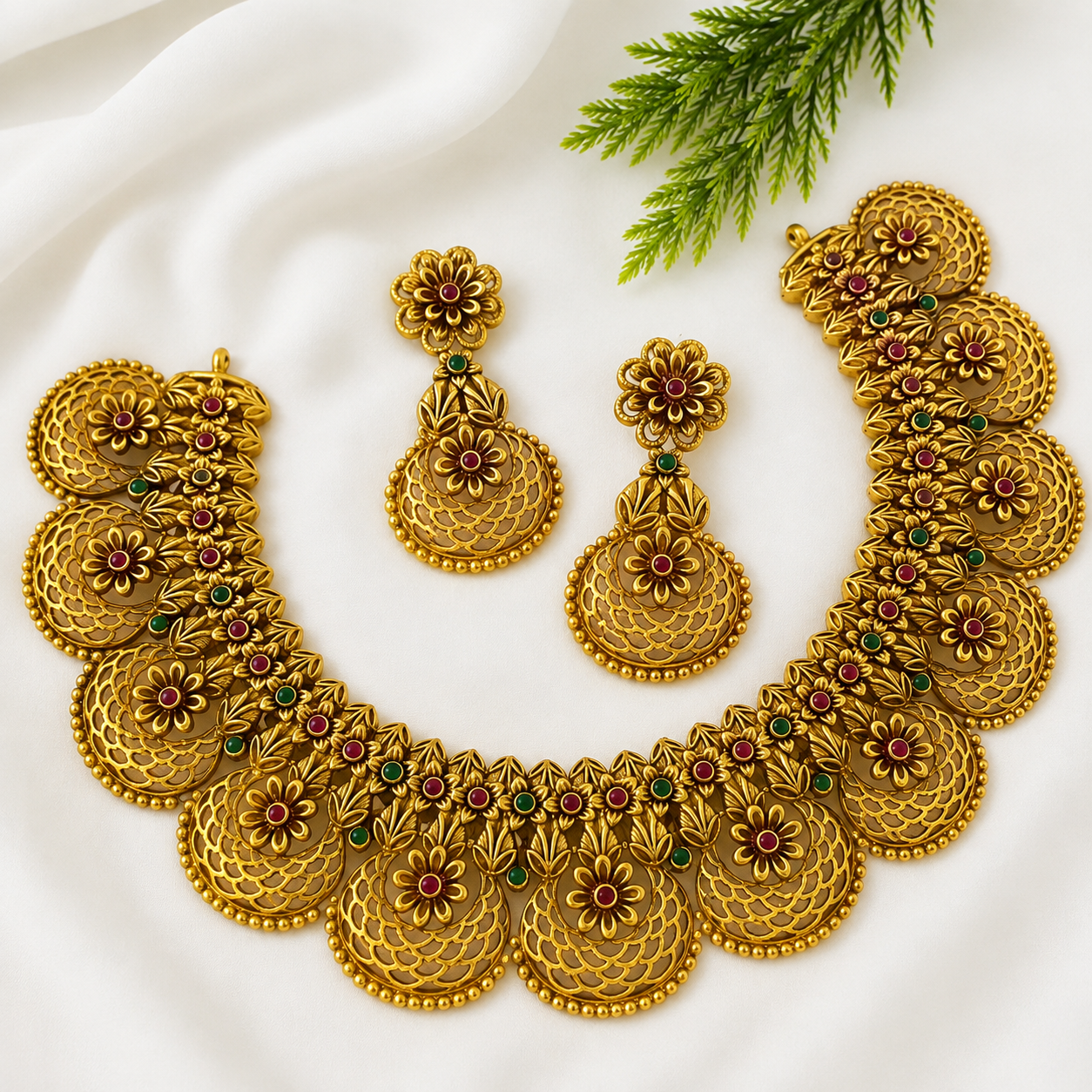 Premium Gold Plated Floral Choker Necklace Set with Earrings for Women | Bridal Wedding Jewellery | TinTin Shine Market