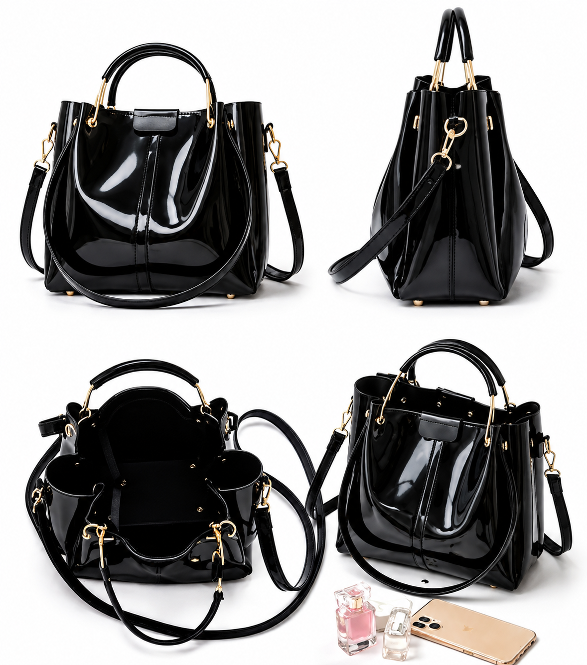 Luxury Glossy Black Patent Leather Tote Handbag for Women |