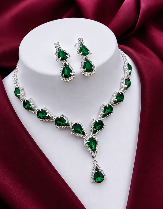 Luxury Emerald Green Crystal Necklace & Earrings Set | Premium Wedding & Party Jewellery for Women