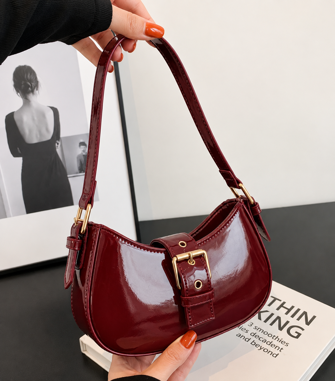 Women's Glossy Burgundy Patent Leather Shoulder Bag | Luxury Buckle Handbag for Party & Casual Use