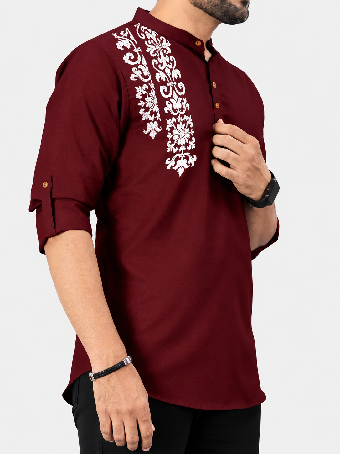 Men's Premium Embroidered Mandarin Collar Kurta – Maroon | Festive & Casual Wear