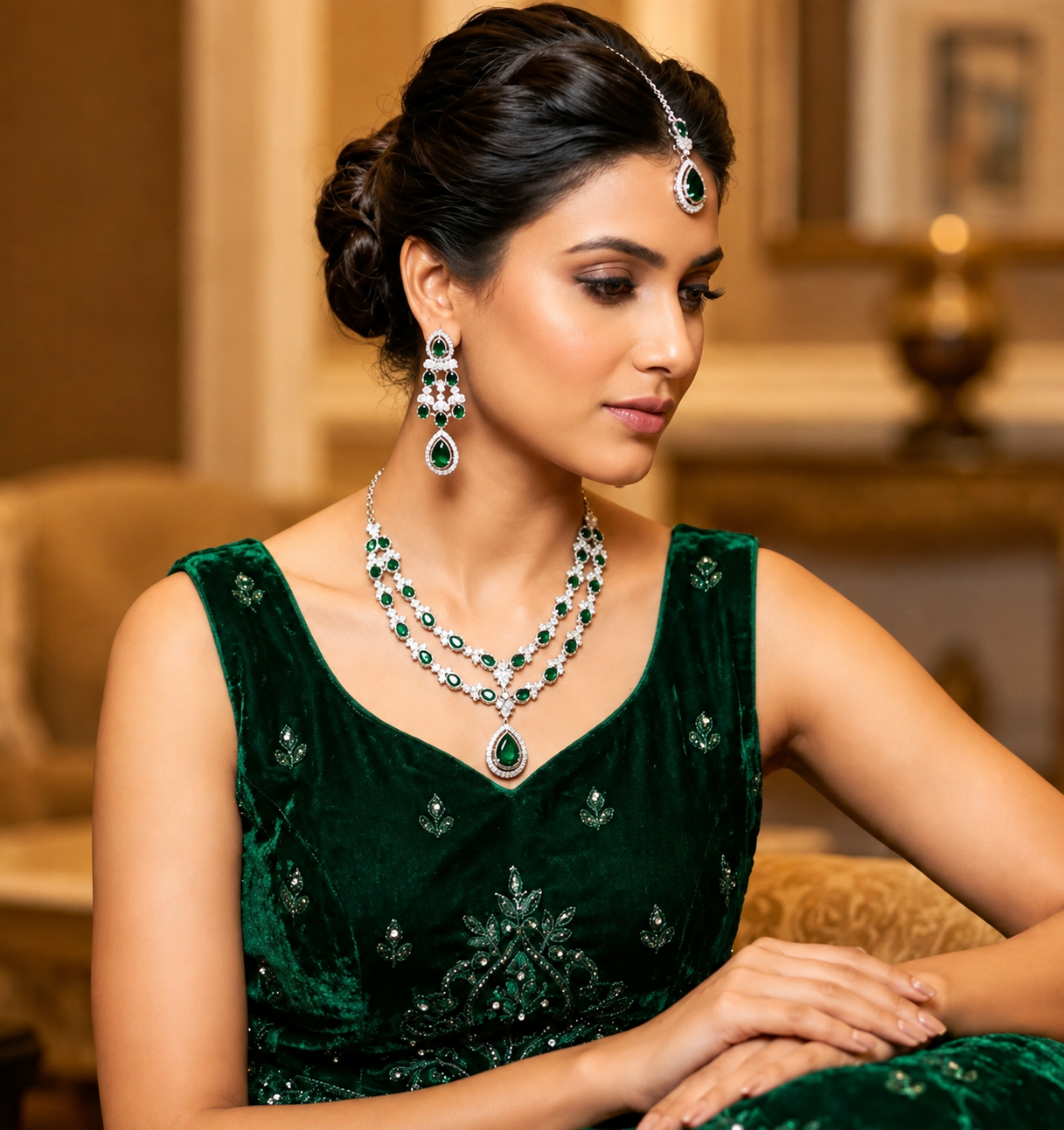 Luxury Emerald Green Crystal Bridal Necklace Set with Earrings & Maang Tikka |