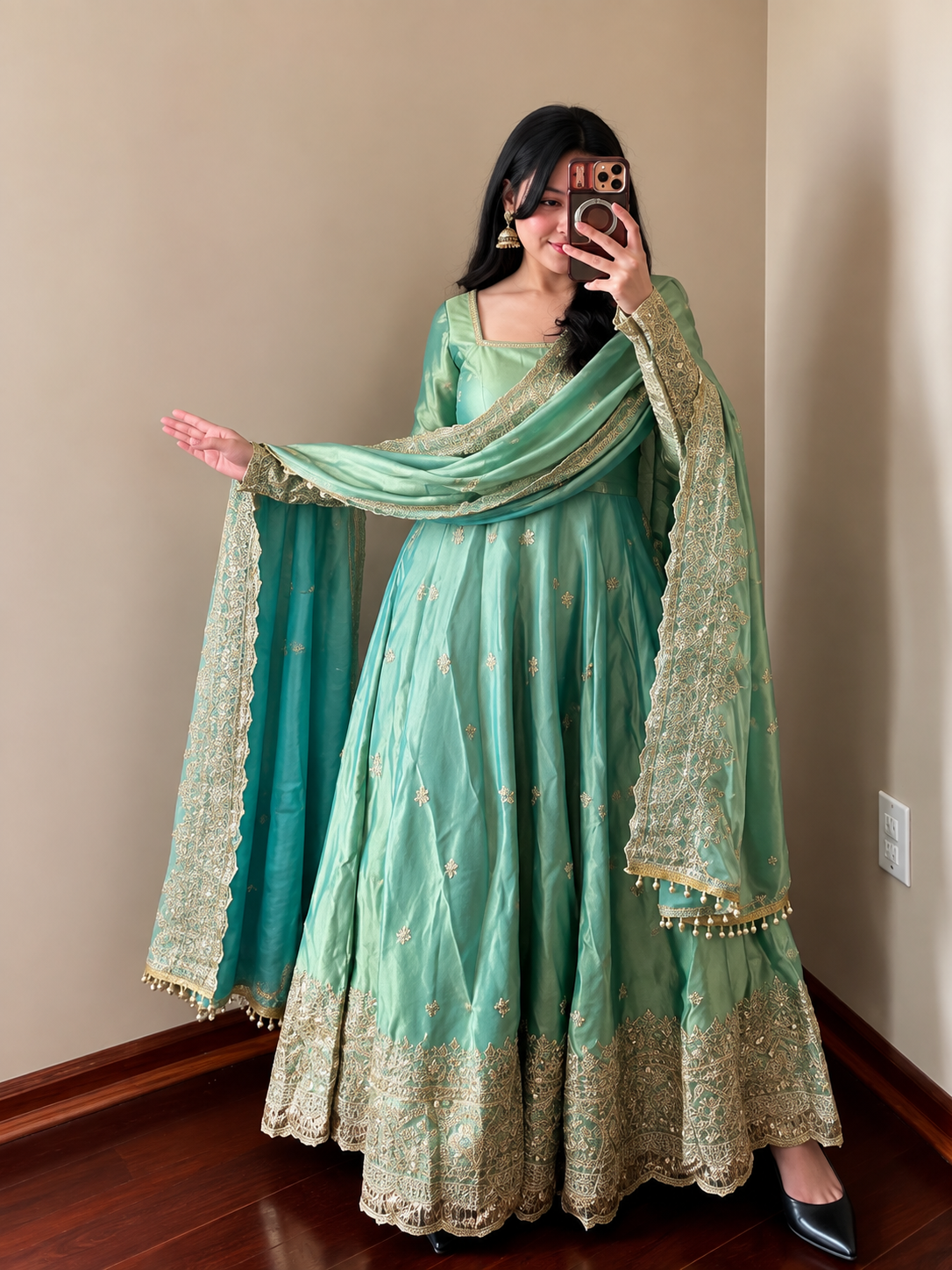 Women Mint Green Embroidered Anarkali Kurta Set with Dupatta | Festive & Party Wear