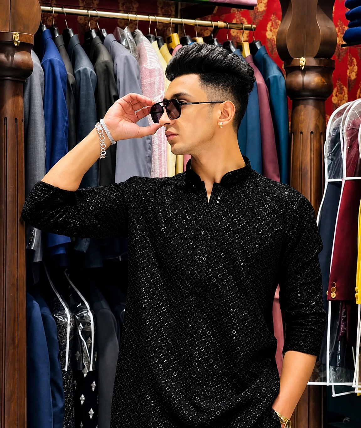 Men's Premium Black Printed Mandarin Collar Kurta | Stylish Ethnic Wear