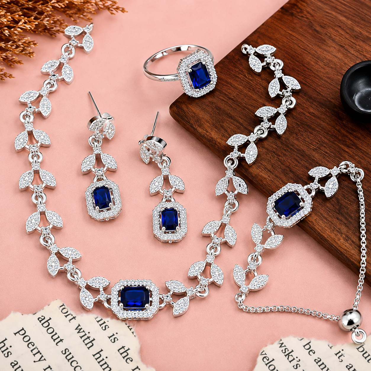 Luxury American Diamond Blue Stone Jewelry Set for Women | Necklace, Earrings, Bracelet & Ring Combo |