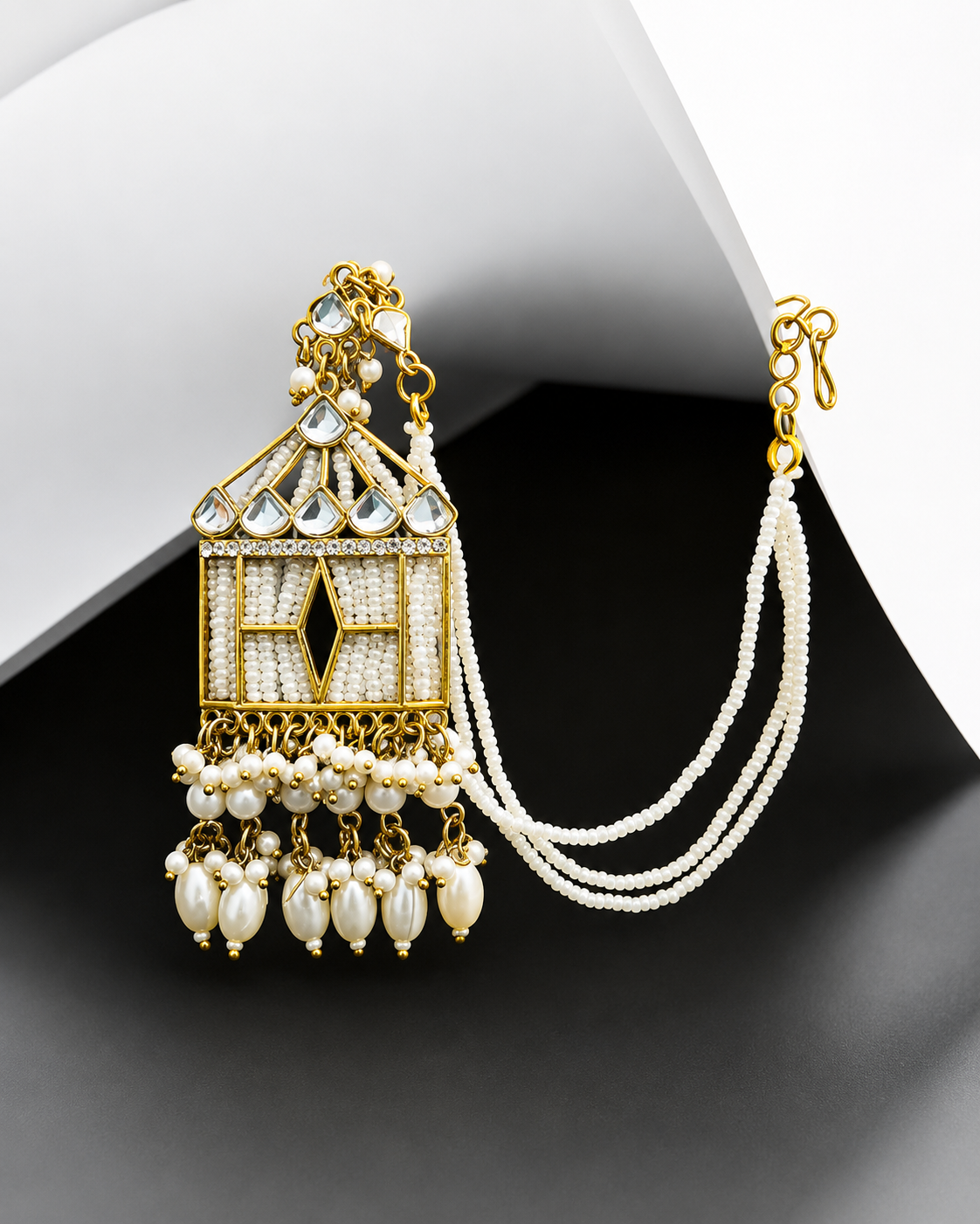 Royal Pearl Kundan Ear Cuff Earrings with Hair Chain for Women | Traditional Ethnic Statement Jewelry