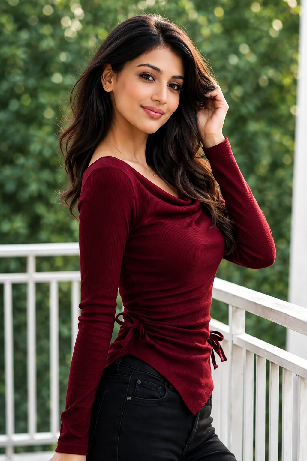 Women's Burgundy Ruched Full Sleeve Cowl Neck Slim Fit Top | Premium Casual & Party Wear