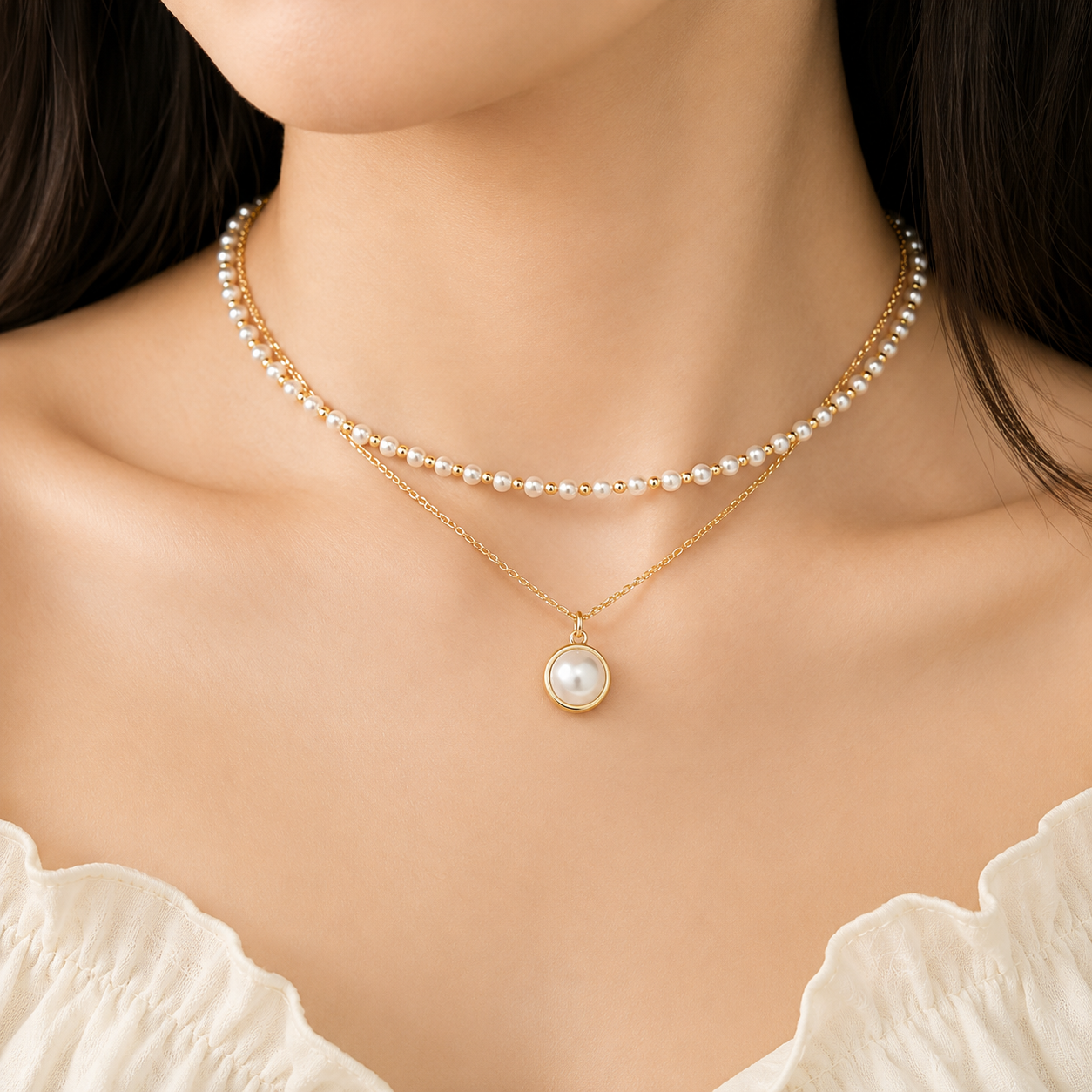 Luxury Pearl Jewelry Set for Women – Gold Plated Layered Pearl Necklace & Crystal Pearl Stud Earrings | Elegant Gift Set | Tintin Shine Market