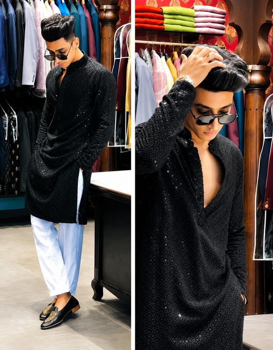 Men's Premium Black Printed Mandarin Collar Kurta | Stylish Ethnic Wear