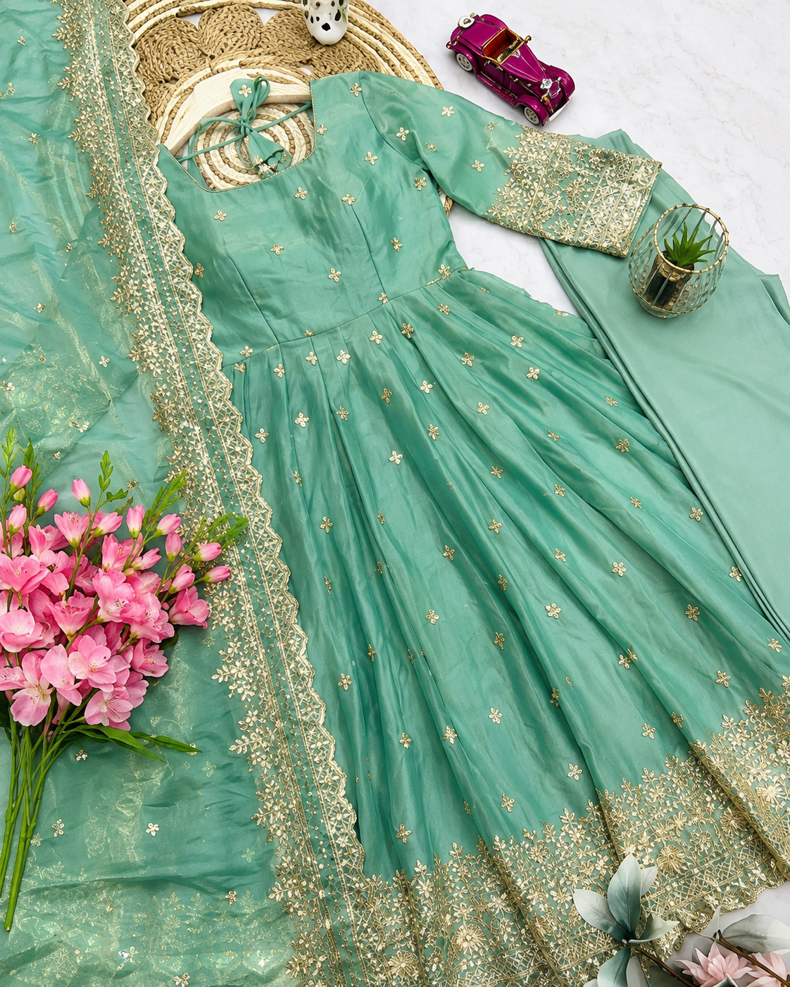 Women Mint Green Embroidered Anarkali Kurta Set with Dupatta | Festive & Party Wear